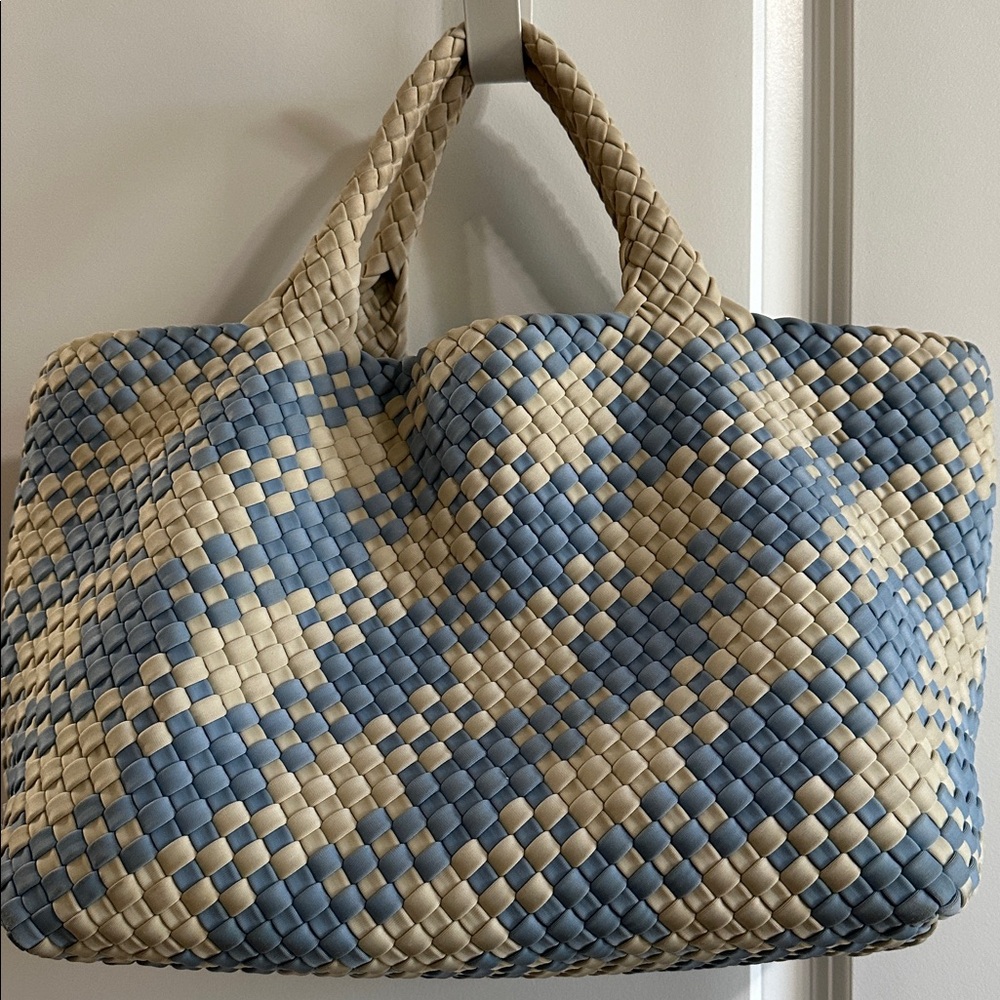 Naghedi St Barths Medium Blue and White Woven Tote Bag - Picture 2 of 9